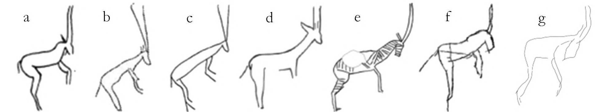 Figure 1 la~g—Known attestations of the motif of the “rearing oryx”: lla. Naqada, tomb 1475, current location unknown (after Petrie and Quibell, Nagada and Ballas [1896], pl. LI.18); 11b. Theban mountain, hinterland of Luxor, graffito no. 3275 (after Sadek and Shimy, Graf- fiti de la Montagne Thébaine | 1973], pl. CCXX); 11c. Theban mountain, hinterland of Luxor, graffito no. 3274 (after Sadek and Shimy ibid., pl. CCXX); 11d. Hierakonpolis, locality HK61 (after el-Hadidy, “Hierakonpolis, my dreamland” [2002]); 1le. Unknown provenance, New York, MMA 68.59; 11f. Saint-Germain-en-Laye, Musee d’Archeologie Nationale, inv.no. 77.711 (drawing by the author); 11g. Khor Battagha, Theban Desert (site 43 in Winkler, Rock Drawings I[1938], image courtesy John C. Darnell). 