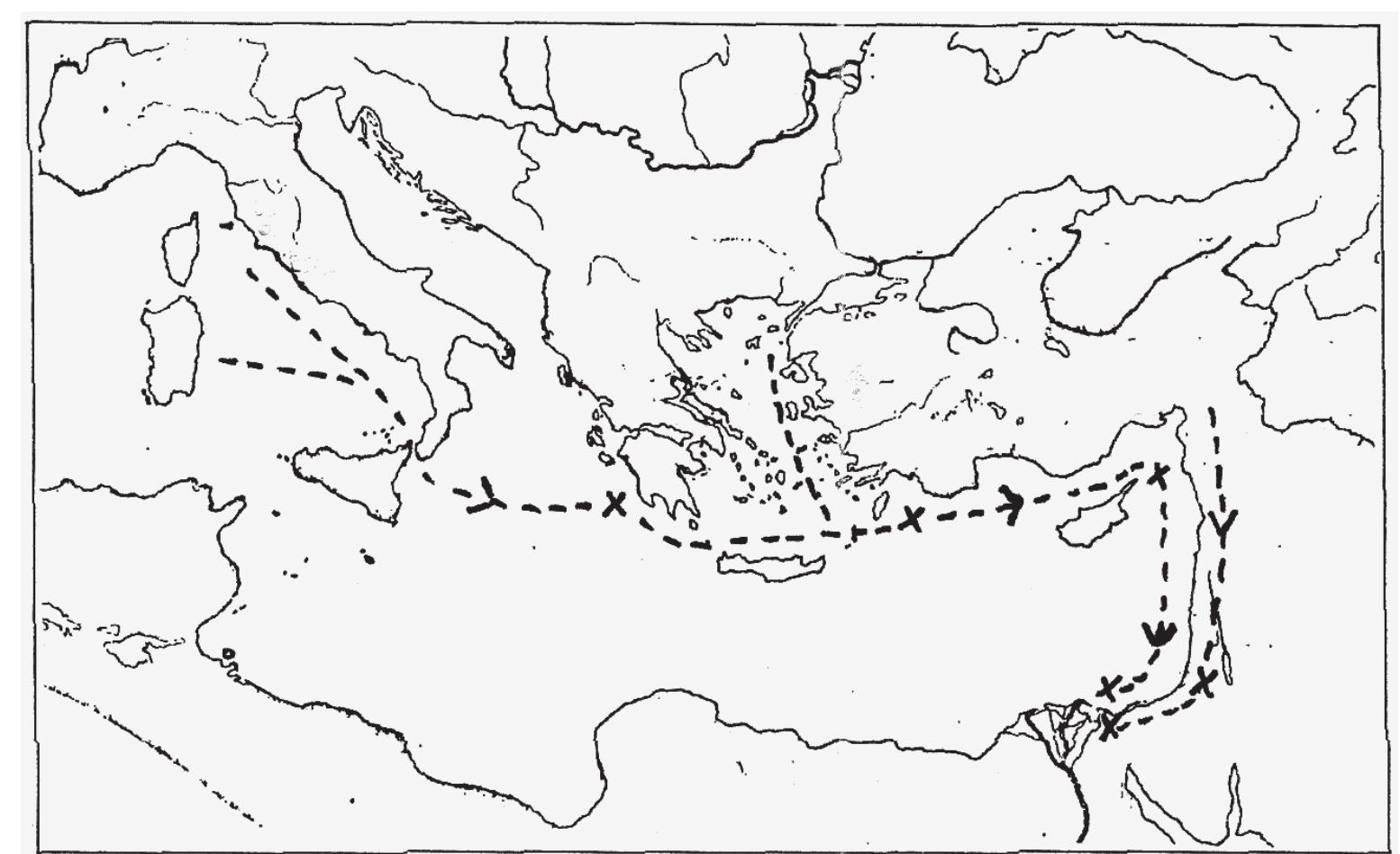 Fig. 3. Phase II: Route of the Sea Peoples in their attack during years 5 and 8 of Ramesses III (drawing by the author). The “X” signs mark the sites of the battles (the waters near Pylos, in Greece; the waters along the Lycian coast, in southwest Anatolia; Askalon, in the Levant, and Migdol, in Egypt). 