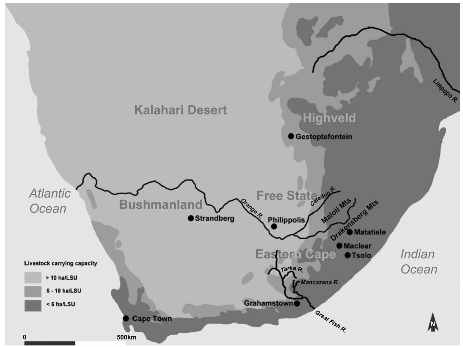 Figure 1. Map of southern Africa showing the places mentioned in the text.  Rock paintings occur in both the Winterberg and Maloti-Drakensberg of South Africe  (Figure 1) that date to the colonial era owing to t  guns, among ot hunter-gatherer of antelope, for They are typica  spiritual experience — shaded to create an almost photographic example — these later images differ in subject matter and tec ly painted in a rougher manner than the refined earlier art and  he appearance in them of horses anc her things. As opposed to the world-famous ‘traditional’ images of the  ikeness hnique with a  reduced colour palette, the hues of which are unshaded and ‘poster-like’ (Loubser and  Laurens 1994). mingly raiding  ivestock appear alongside rough-brush-painted and finger-pain  n some cases the poster-like images of people with horses and guns see-  ted ver-  sions with the same subject matter, something we discuss later with respect to Figures  4 and 5. Given  he short time frame in which they could have been painted, it is likely 