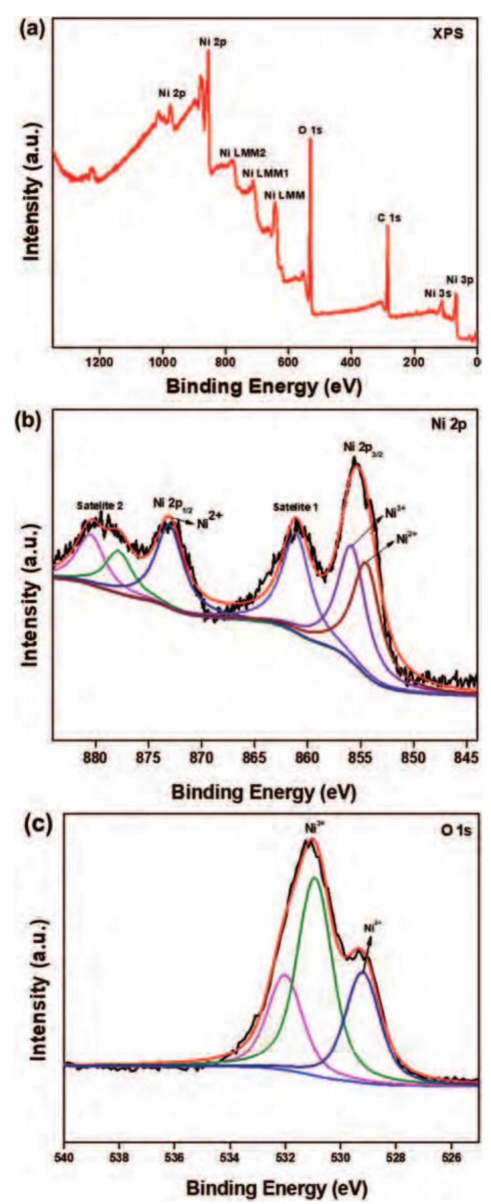 Fig. 3. (a) Survey X-ray photoelectron spectrum of the synthesized NiO QDs; (b) narrow scan XPS spectra for Ni2p peak; (c) narrow scan spec- trum of Ols peak. The dotted curves are the result of curve fitting. 