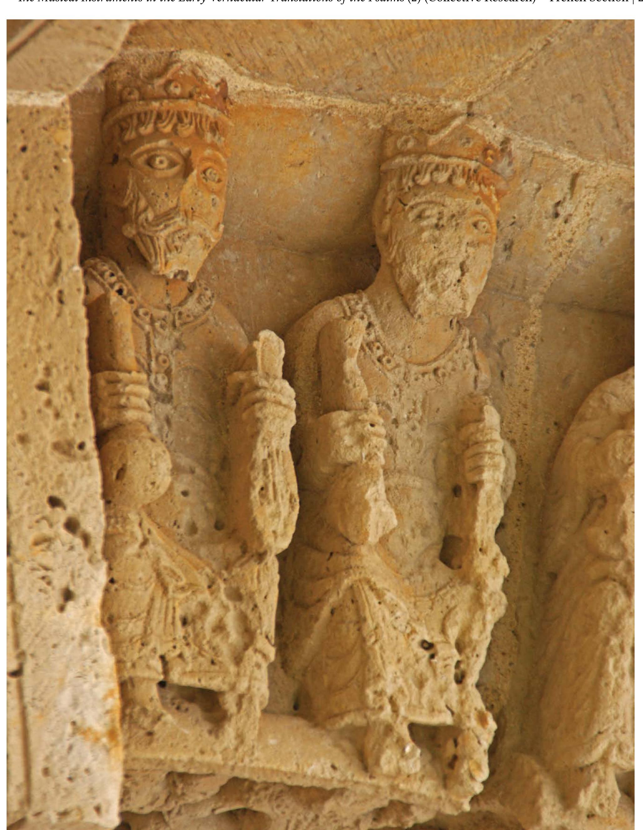 « Fig. 8. Two of the twenty-four Elders of the Apocalypse, repre: sented in reference to Revelation 5:8 (‘..and twenty elders fell  down before the Lamb, having every one of them harps, and golden vials full of odours, which are the prayers of saints’). Portal of the church of Aulnay-de-Saintonge (France, 12" century). Credits: Ileana Sasu. 