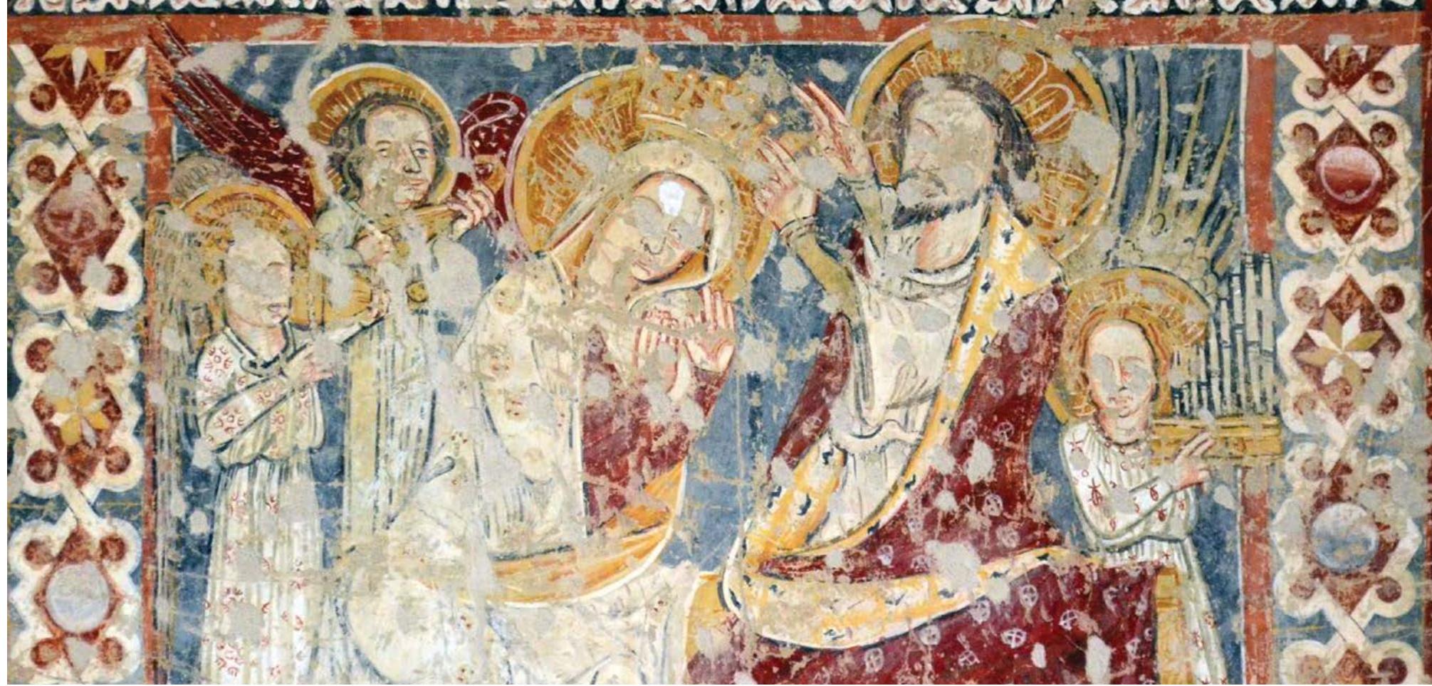 « Fig. 25. Angels playing musical instruments in a Coronation of the Blessed Virgin Mary in the murals of the Reformed church a Porumbenii Mari (Hung. Nagygalambfalva, Harghita county, Transylvania, 14 century). Credits: Ciprian Firea.  300 | The Musical Instruments in the Early Vernacular Translations of the Psalms (2) (Collective Research) — Bibliography  Bibliographic Abbreviations: 