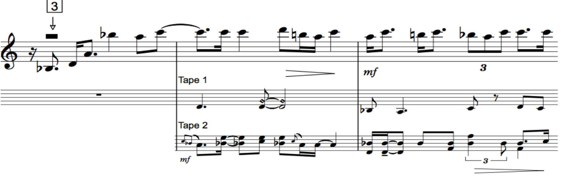 Figure 9. Violin transcription starting in m. 30 with stacked samples from previous entrances in Tape 1 