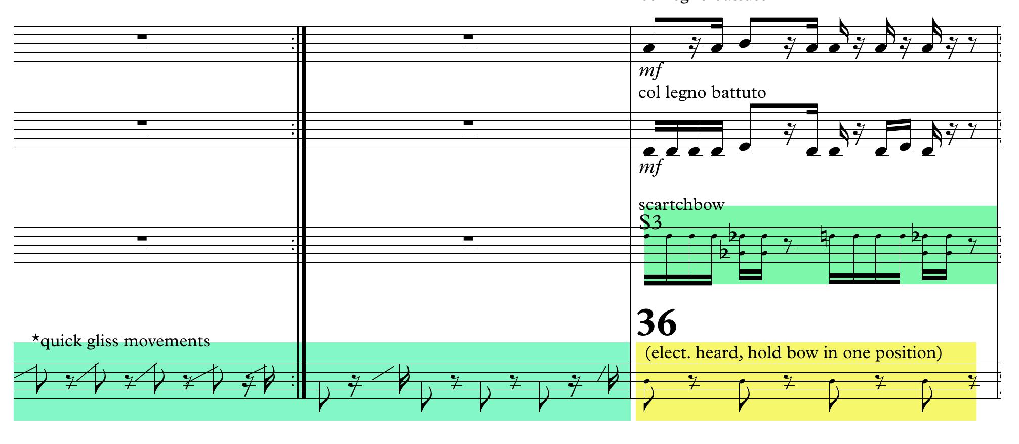 Figure 23. Open cello section for gestural control before trigger number 36 (S.Moroz)  Musically in both Immaculate Machine of Liveness and Arrows That Remain, | use 