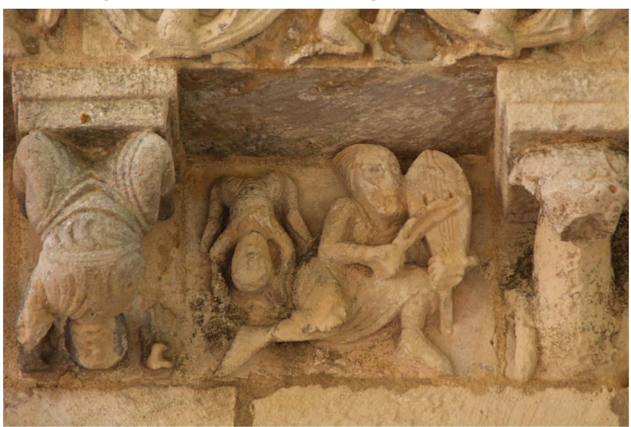 @ Fig. 15-16. Surgéres (France). Notre Dame church, 12" century facade. Minstrels and monsters playing chordophones. Credits: va. 