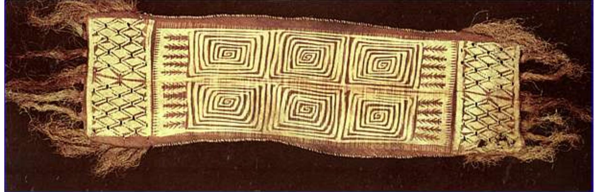 Picture 31. Decorated gwana mat from Ambae, collected by Speiser 1910-1912  “In former times, women were in charge of every stage of the weaving and dyeing process. These days, men have taken over one of the important stages of dyeing, that of cutting sese designs in banana bark. The right to make these designs is acquired through an initiation that involves a sponsor, drinking a substance that ensures the initiate will immediately know all the  traditional designs and a pact with the spirits of the forest. This pact is renewed for every dyeing session by a gift of food from the artist to the spirits.” ' 