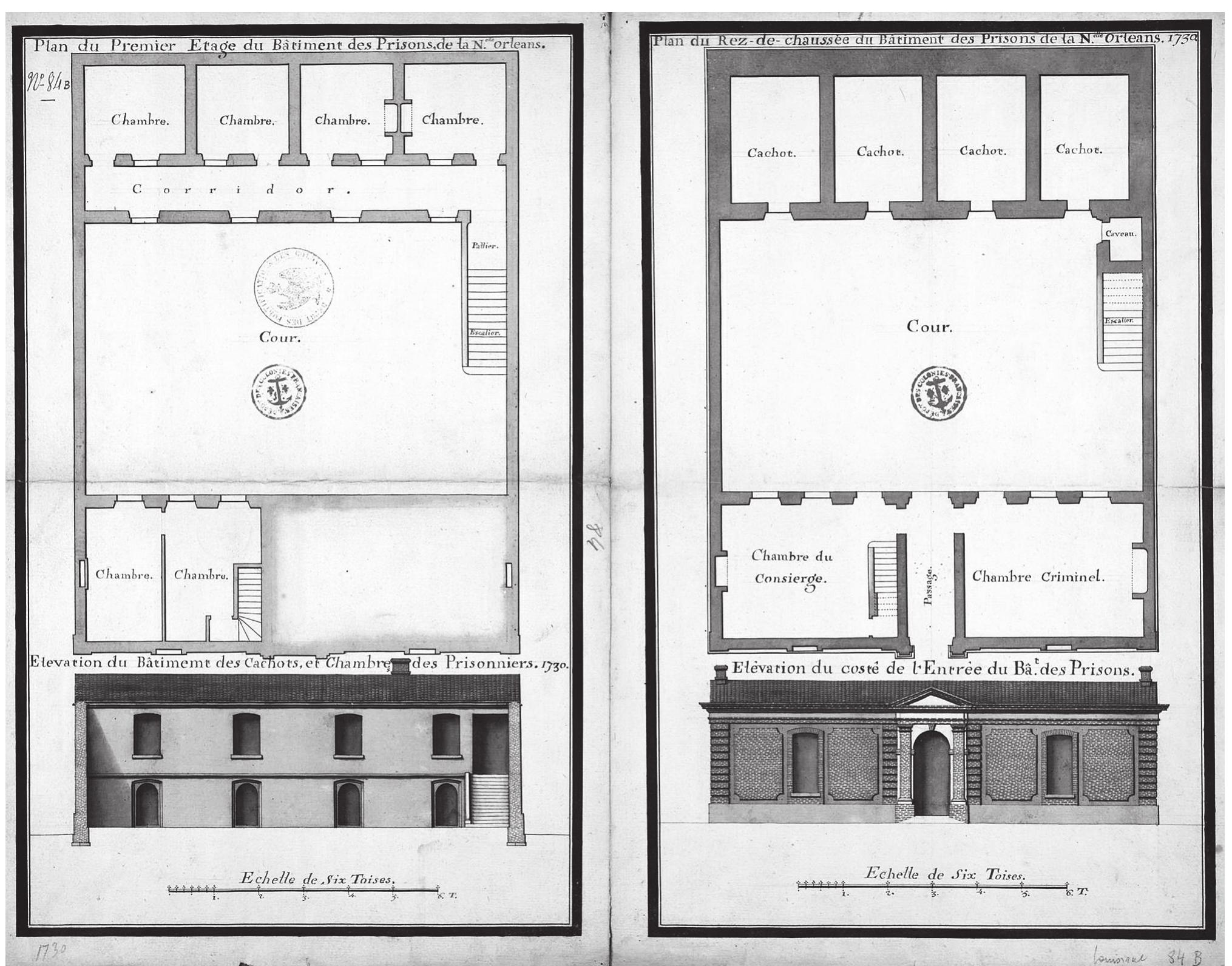 5 Prison Buildings, New Orleans, 1730. The prison where La Chaume was held and questioned. Plans for a New Orleans prison and front and rear elevations and floorplan for the New Orleans prison Colonial Records Collection, Center for Louisiana Studies, University of Louisiana at Lafayette, with kind permissio1  personal reversals and were more deserving of pity than punishment.”  authority virtually writing their own criminal code to serve elite colonial interests over French imperial ones.” Though Louisiana administrators remained occupied with keeping their colonists alive, since soldiers’ lives held so little value, and since La Chau- me was already a proven troublemaker, he could easily have been made an exemplary case to fore- stall others hoping to escape their misery by their own hand. How La Chaume fared in his own case of attempted suicide remains unknown. He could have been held to the letter of the French law, or he could have benefited (or suffered) from the Superior  Council’s interests.” The creation of the three documents mentioning [a 