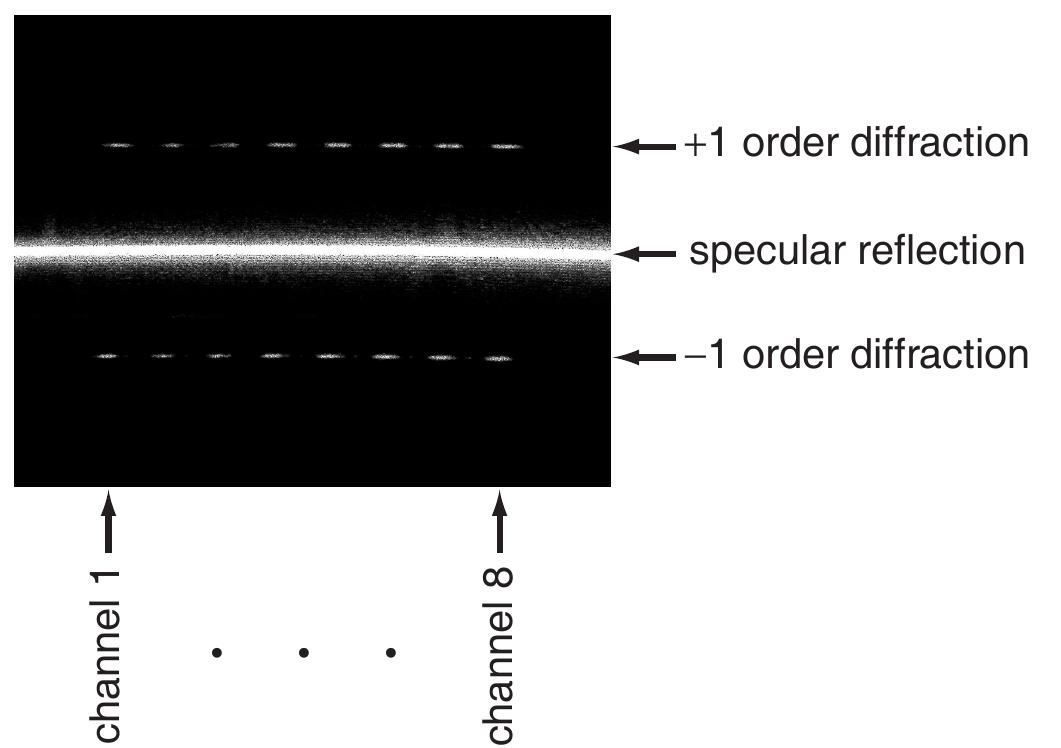 Modulation of optical phase is demonstrated in Figure 6, where the optical phase difference between two +1 order diffracted beams produced by two SAW-Mod channels was detected by overlapping the two beams onto a CCD and imaging the resulting interference fringes. The twc channels were driven at the same amplitude and frequency. As shown, the spatial phase of the fringe pattern (which is determined by the optical phase difference between the diffracted beams) shifts in response to the RF phase difference between the signals driving the two channels. The visibility of the fringe patterns suggests that the frequencies of the diffracted beams were shiftec by the same amount (the CCD integration time was several ms).  Figure 2: Diffracted field generated by an eight channel SAW-Mod. Eight +1 order diffracted beams, eight -1 order diffracted beams, and the specular reflection of a cylindrically expanded incident laser beam are visible. 