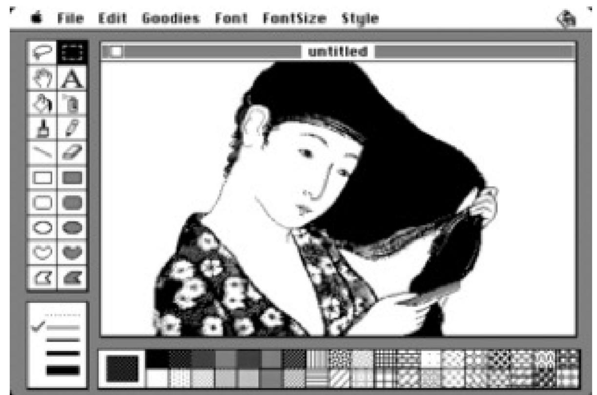 Figure 7. Caldwell (2010). Photoshop took many of MacPaint’s functions including lasso, paint bucket and paint brush, but added colour and photo editing capabilities. Photo by MacWorld (November 1986).  Regular Photoshop users will recognize many of the icons in MacPaint from even the 