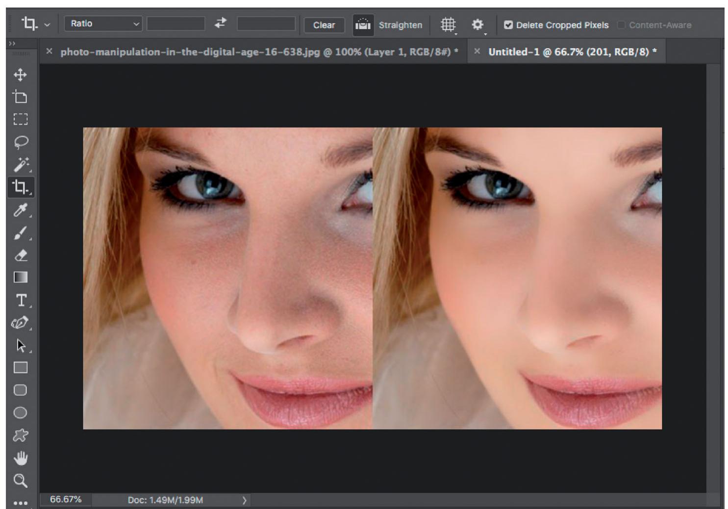 to noticeably alter the image, the airbrush sought to cover its own tracks (Figure 8).  Combined with the eyedropper tool, which allows users to select (or sample) a co our from within the image, the airbrush then ‘sprays’ the sampled colour onto th image, resulting in a diffuse application of the colour. The most common use of aii brushing is onto skin, where editors could easily smooth blemishes or retouch colou (Attwood, 2015). Airbrushing also proved useful for reshaping bodies, in particula women’s bodies. The diffuse spray function made it simple to subtly apply a colou atop of an image, as opposed to the more conspicuous streakiness of the paint brus or other tools. Industry practices such trimming waists, increasing bust sizes, and thir ning faces could be done more cheaply and invisibly ones, 2013). Even in this firs iteration of the program, Adobe clearly recognized and was ready to play up thi functionality.  
