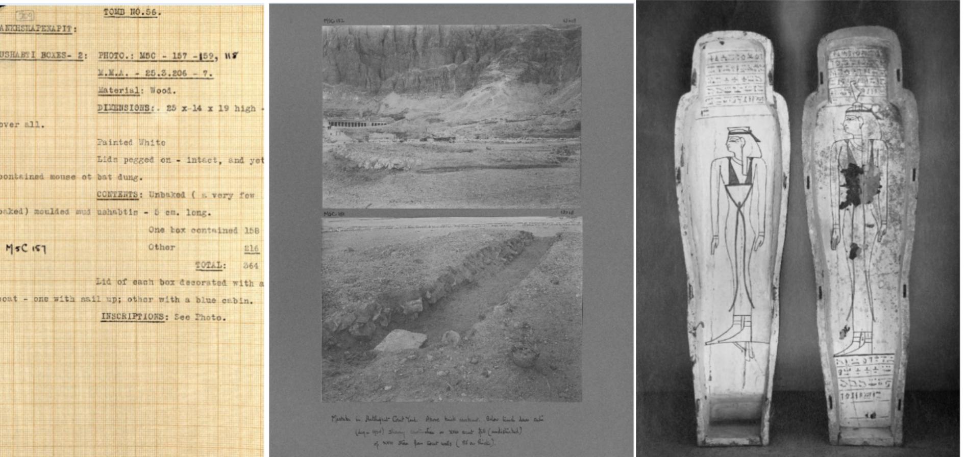 Fig. 8: Digitized archives from the Egyptian Expedition of The Metropolitan Museum of Art (left to right: tomb card, photoboard, expedition photograph). 