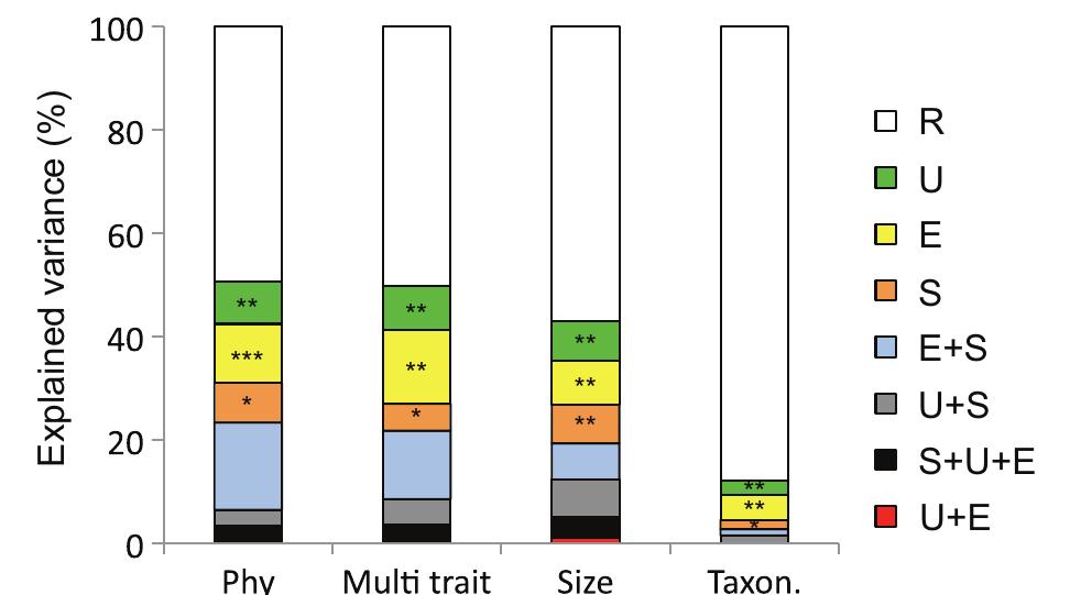Figure 3. Results of variation partitioning showing the contribution of urbanization [U], environmental factors [E], and spatial factors [S] to variation in different dimensions of biodiversity, as follows: phylogenetic composition (Phy), functional composition (Multi trait), body size composition (Size) and species composition (Taxon.). Components with a + sign indicate shared contributions of two or more factors. Variance explained refers to the ,,R? (%). Three asterisks represent significant results p< 0.001; two asterisks p <0.005; one asterisk p< 0.05.  Fig. A3). This finding indicates that accounting for traits and/or phylogeny improved predictions of environmental and spatial drivers of community assembly. 