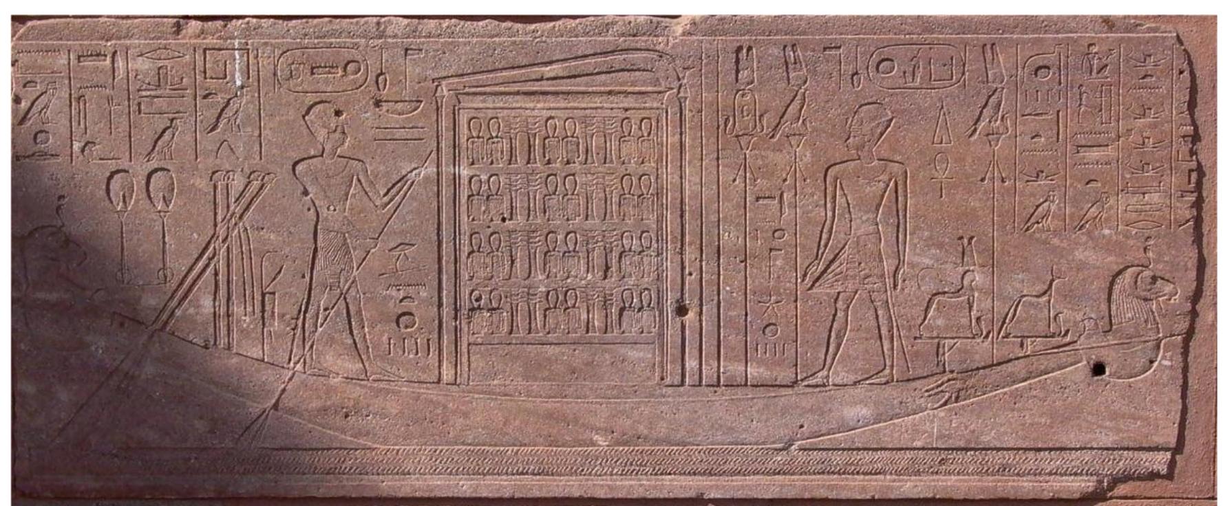 Figure 6: Queen Hatshepsut is flanking the central naos on the weser-h‘t boat, block no 104, south wall, the red chapel at Karnak temple. 