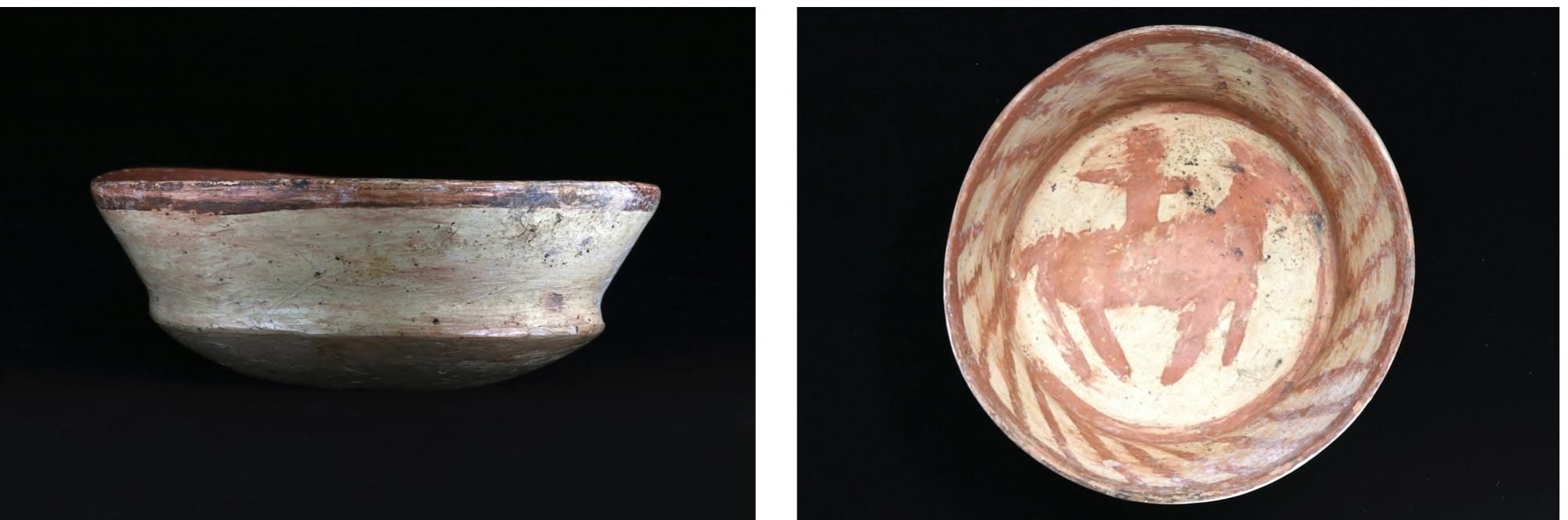 Figure 2. Bowl, c. 4th-2nd cen. BCE. Terracotta; H. 5.8 cm; Diam. 16.0 cm. Metropolitan Museum of Art 66.205.2; gift of Mehdi Mahboubian. Public domain image from the Metropolitan Museum of Art.  Metropolitan Museum of Art (66.205.2; Figure 2) featuring this very motif may in fact date to the Arsacid period. It was given to the museum in 1966 by Mehdi Mahboubian, an Iranian-American art dealer, and its place of origin is unfortunately unknown. The bowl measures 5.8 cm in height and 16.0 cm in diameter at the rim. It is made of a pinkish buff clay, slightly burnished, with a pale cream slip. It has a flat base with a slight indentation, a low carinated shoulder and a flared rim. The clay is well-levigated and free of inclusions. The interior of the bowl is decorated, sometimes carelessly, with red paint. Parallel lines run along the rim and the interior of the shoulder, with a row of diagonal lines between them. 
