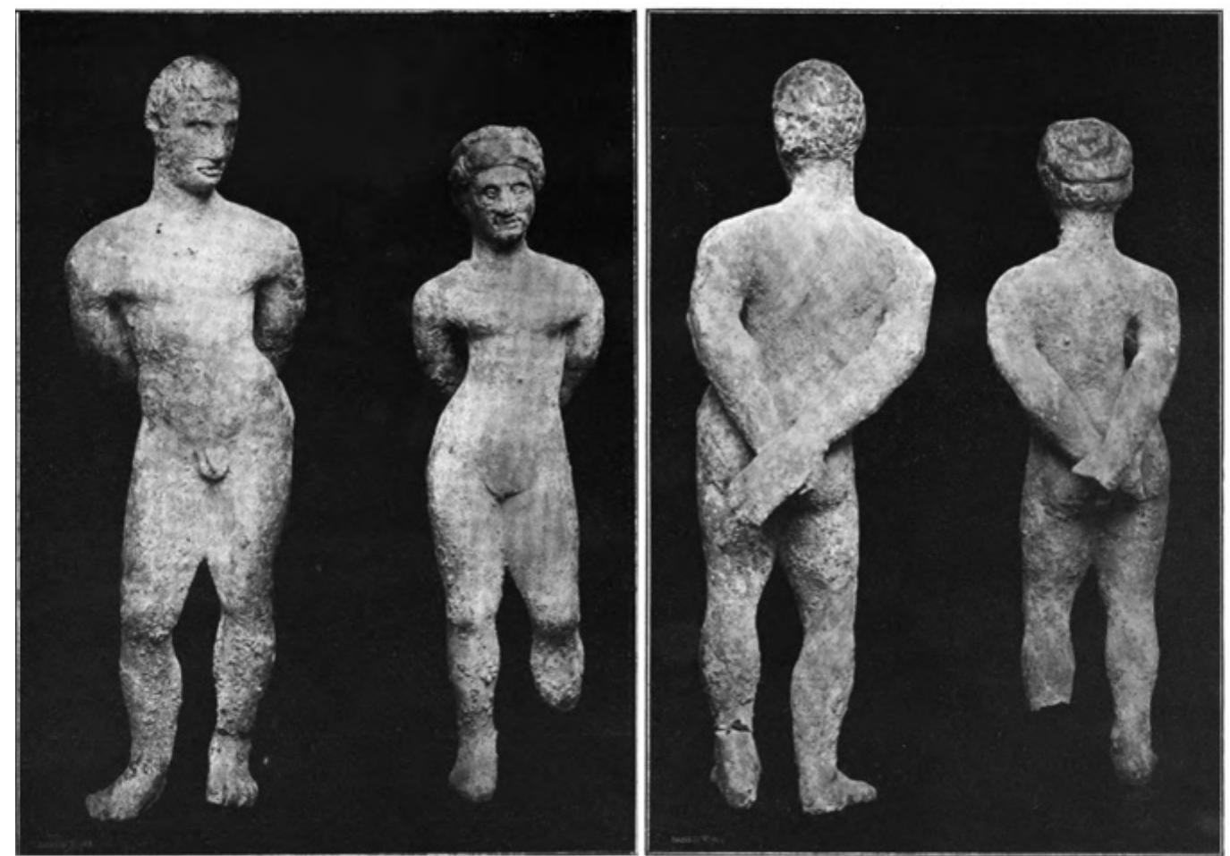 Nude figurines from Etruscan tomb at site of Sovana, depicted with hands bound behind their backs. 4th century. B. Nogara, “Due Statuette etrusche di piombo trovate recentemente a Sovana,” Ausonia, 1910. 31-32. 