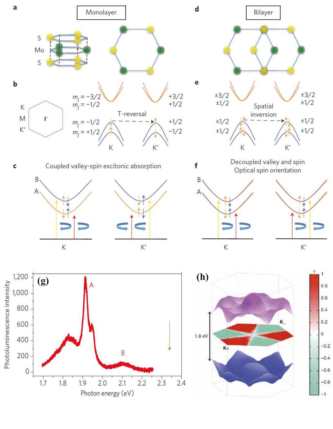 FIG. 43. (color online)—(a) The hexagonal lattice structure for single layer MoS2 and (d) the Bernal  stacking for bi-layer MoS2 . The valence and the conduction bands (marked by the corresponding 