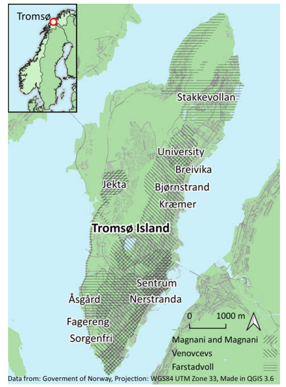 FIGURE 1. Map of the study area in northern Norway by Anatolijs Venovcevs, with each of the authors’ regular ranges. Ranges were extrapolated from Google Timeline when avail- able (Venovcevs) or from memory of each individual's regular movement through the city (Magnani, Magnani, and Farstadvoll). 