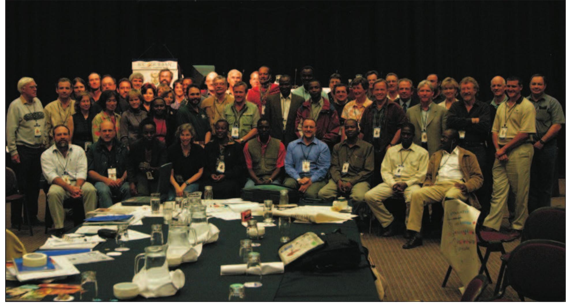AHEAD invitees (or a good portion of them!) — V" World Parks Congress — Durban, South Africa, September 2003  pal VUIAU, EIRUVEETLE WUUR, AVI NUL, SAIN LIN Siebenthal, Rod de Vletter, Holly Dublin, Delwyn Dupuis Raoul du Toit, Mark Eisler, Susie Ellis, Jacques Flamand Chris Foggin, Guy Freeland, Yolan Friedmann, Rober Fyumagwa, Julian Gee, Wayne Getz, Mariano Gimenez Dixon, George Gitau, Richard Grahn, Ginette Hemley, Liz Hillyer, Markus Hofmeyr, Gladys Kalema-Zikusoka William Karesh, Michael Kock, Richard Kock, Nick Kriek, Karen Laurenson, Dale Lewis, Tim Leyland, Paul: Luff, Libby Lyons, Martin Macphail, Neo Mapitse, Laurie Marker, Rowan Martin, Shaun Martin, Joe Matlhare, Jonn< Mazet, Jeff McNeely, Anita Michel, Caroline Mitten, Fum Mizutani, Titus Mlengeya, Sylvia Montero, Franklit Moore, Pete Morkel, Richard Mott, Norman Mukarati Gary Mullins, Mishek Mulumba, Simon Munthali Marshall Murphree, Michael Murphree, Elizabett Muthiani, Jacob Mwanzia, George Nelson, Laurel Neme Jesse Njoka, Mary Lee Norris, Philip Nyhus, Stevi Osofsky, Craig Packer, Laurie Papineau, Banie Penzhorn Mary Phillips, Delphine Purves, Christine Rastas, Helg: Recke, Kent Redford, Robin Reid, Chris Rutebarika Innocent Rwego, Andrea Santy, Sam Scheiner, Alejandrc Schudel, Ryan Selby, Peter Shadie, Elaine Shaughnessy Victor Siamudaala, Dewan Sibartie, Kokoe Sodji Bartolomeu Soto, Lisa Starr, William Sugrue, Marie-José Talarico, Piet Theron, Alex Thiermann, Alfonso Torres Joyce Turk, Miriam van Gool, Olivia van Melle Kamp Bernard Vallat, Jean-Christophe Vié, Wilna Vosloo Kenneth Waithiru, Elizabeth Wambwa, Chris Weaver Susan Welburn, Michael Woodford, John Woodford, anc   breadth of support.  This volume is dedicated to all those invitees who made the time in their extremely busy schedules to actively participate in the “Southern and East African Experts Panel on Designing Successful Conservation and Development Interventions at the Wildlife/Livestock Interface: Implications for Wildlife, Livestock and Human Health” at the V" World Parks Congress in September, 2003. The Wildlife Conservation Society (WCS) extends special thanks to all of those who participated in (names in bold), supported, or helped with the organization of this special launch of WCS’ AHEAD (Animal Health for the Environment And Development) Program: Susan Aiello, Paul Bartels, Roy Bengis, David Brackett, Jan Broekhuis, Philippe Chardonnet, Sarah Cleaveland, Koos Coetzer, 