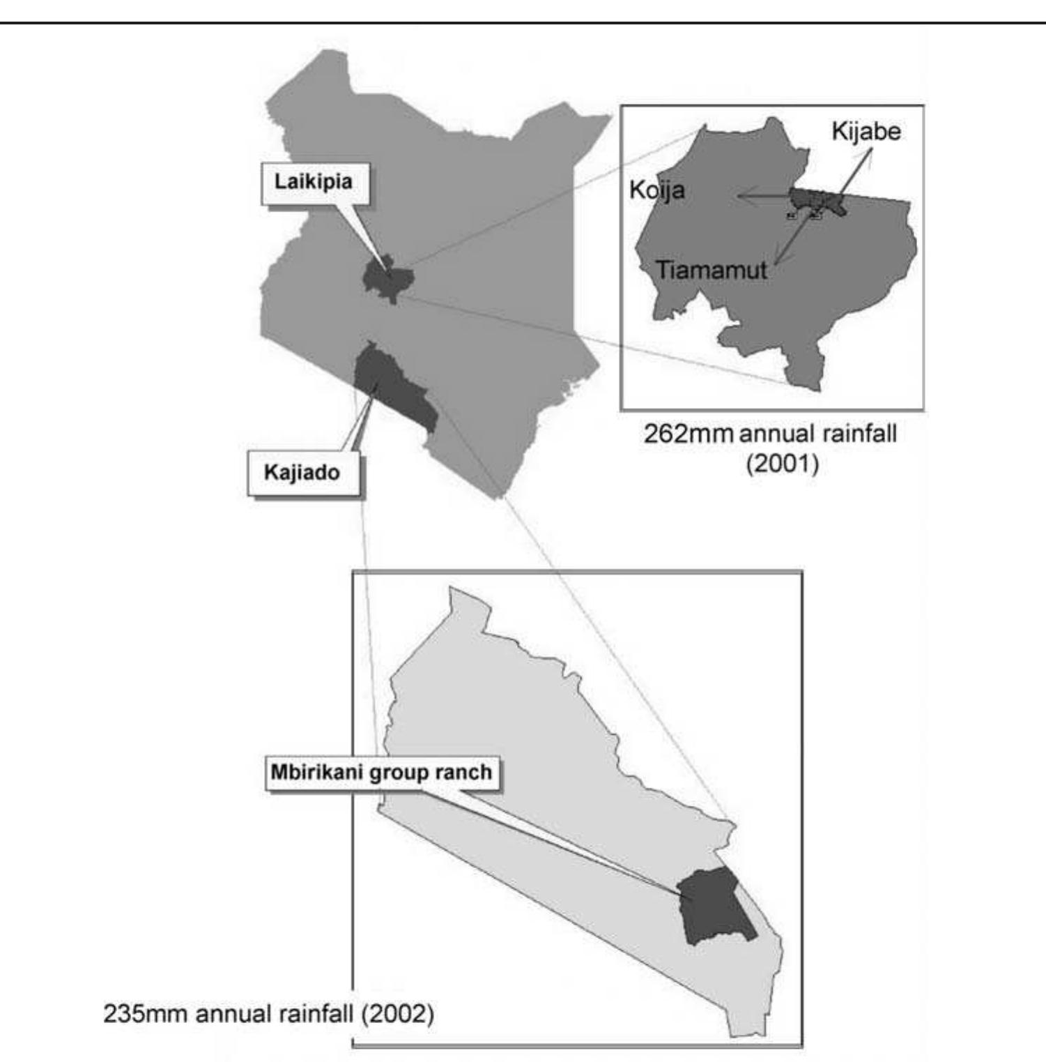 ig- 1. Koija, Tiamamut, and Kijabe group ranches of Laikipia distri and Mbirikani group ranch in Amboseli district  Fig. 1. Koija, Tiamamut, and Kijabe group ranches of Laikipia district and Mbirikani group ranch in Amboseli district  Ojwang’ (2001) and unpublished air census data from Bonham in 1999.  nomic activities such as honey revenue, crops, and off-farm income. Crop production was recorded in terms of inputs and outputs, including domestic consumption of crops. 