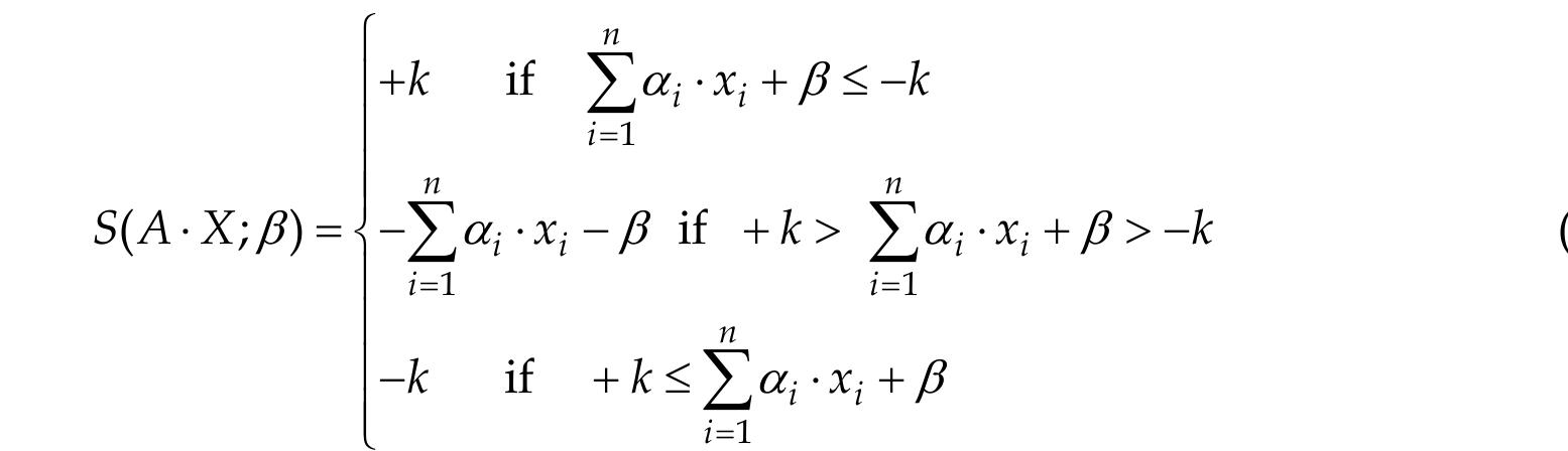 where A = {,Q,...,Gn} is a set of weight coefficients, X = {x1,X2,....Xn} is a set of analog or  multi-valued variables, fis a constant symbolizing a threshold, and +k is a saturation value (in the case of m-valued logic, m = 2k+1).  Let us introduce a masking function M_,(x) by the next way: 