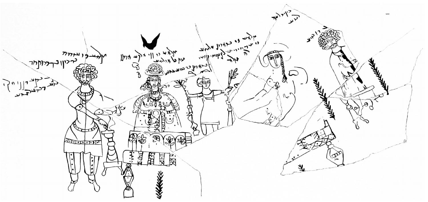 In the Parthian era, there is evidence that Nanay(a) was worshiped at Hatra, Assur, Palmyra, Dura-Europos, Susa, Elymais, and probably Babylon. Texts and iconography from Hatra and probably Assur demonstrate that she was worshiped in those Aramean centers as part of a divine Triad, consisting of Nanay as the moon-goddess Martan, “Our Lady,” alongside Maran, “Our Lord,” and Barmarén, “Son of Our Lords.”*” The identity of Maran is almost certainly Shamash, while the identity of Barmarén is un- known.*! Fig. 2 below contains a drawing of the artwork and inscription on a pithos from Assur, which depicts a seated Martan/Nanay next to Barmarén.** There, the god- dess is wearing a robe adorned with crescent moons and a crown that has been vari- ously interpreted, but is perhaps a crescent and a sun. Above her head is a bird that seems to be a dove, and an Aramaic inscription with the words, “Image of Nanay, Queen (or: the King!), our Lady, the daughter of Bél, lord of the gods” (slm? dy nny mlk? mrtn brt bl mrth?).  Figure 2: Drawing of Assur pithos with seated Maran in center and Barmarén on a throne to her right (ANDRAE/LENZEN 1933, Abb. 46). 