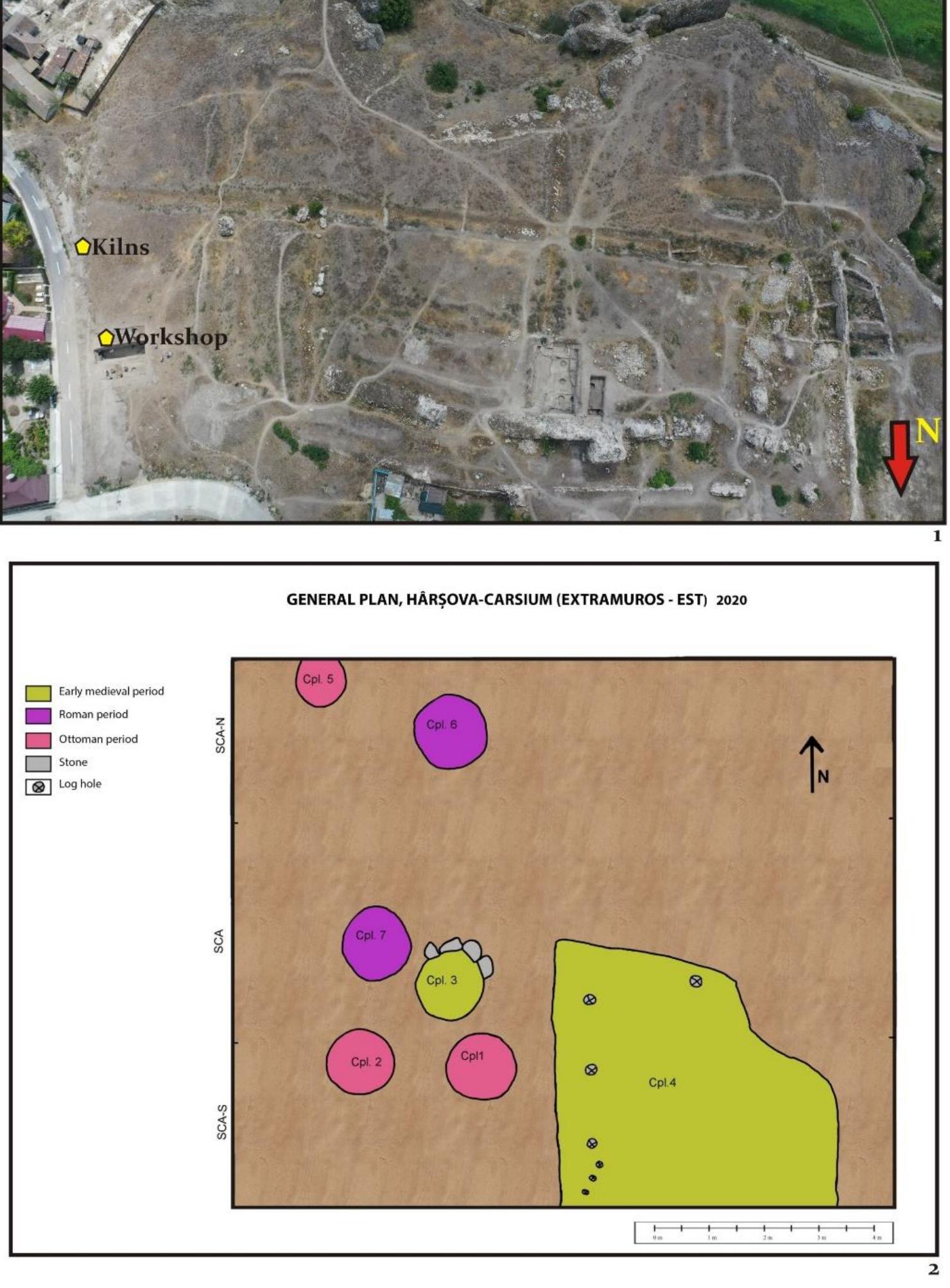 Pl. I. Disposition the discoveries in the site plan (1); General plan, Harsova-Carsium (extra-muros Est), 2020 (2) (author: Constantin Sova). 