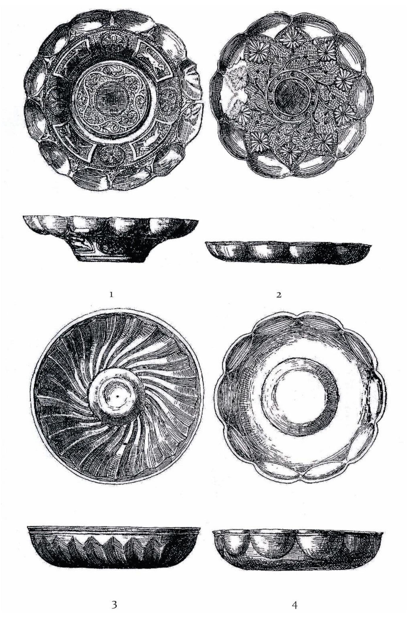 Pl. V. 1-4. Metal vessels from the treasure at Banatsko Despotovac (after Hampel 1881, 176, fig. 1-4, no scale). 