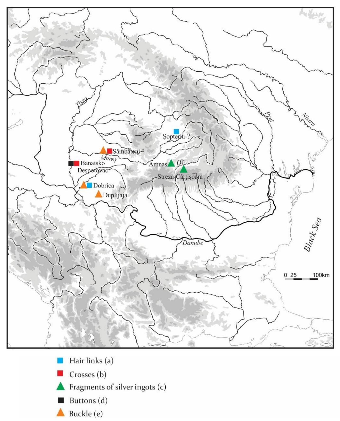 Pl. XII. Various items discovered in treasures (adornments, clothing accessories, fragments of ingots, crosses) (map support provided by Mihai Florea, SRTM-30, author mapping: Silviu Ota). 