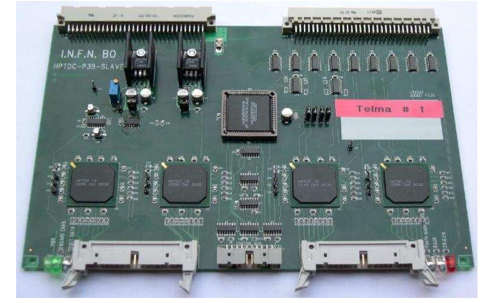 Figure 2: The HPTDC slave card.  We designed a slave prototype card, shown in Fig. 2, hosting 4 HPTDC. The card, in 6U format, is read through a private 32 bit LVDS bus implemented on P2 connector and controlled through a front-panel 20 pins control bus. We use parallel readout of the chain of the four HPTDCs (a master- slave scheme was selected). The on board Altera MAX PLD is mainly responsible to handshake JTAG commands with the HPTDC chips for programming. Through different iterations and improvements, we prepared three versions of this card.  