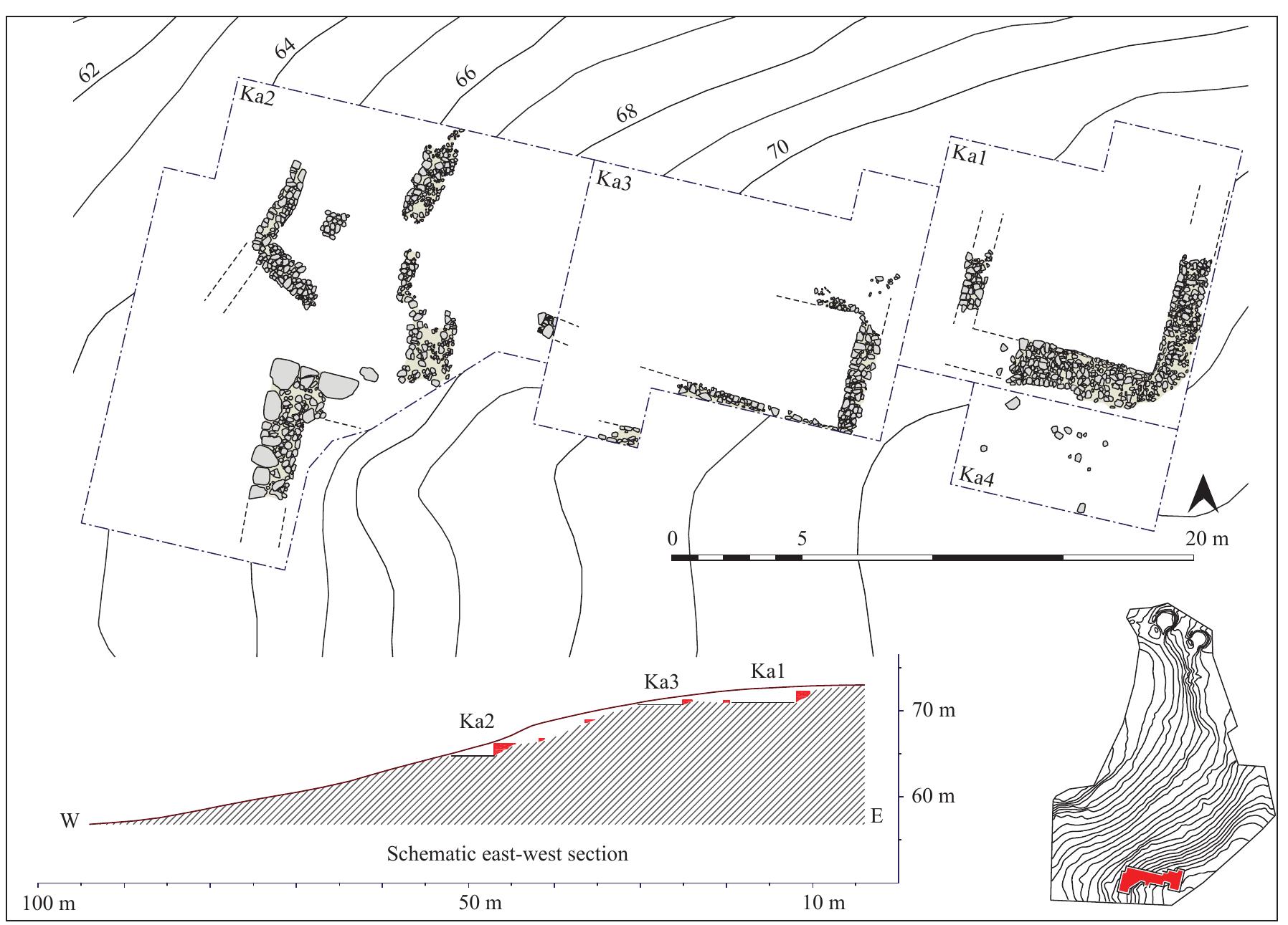 Fig. 18: Overall plan of the architectural remains in Ka 1, Ka 2, and Ka 3 (topography: Ch. Kurtze, plan: M. Borner 