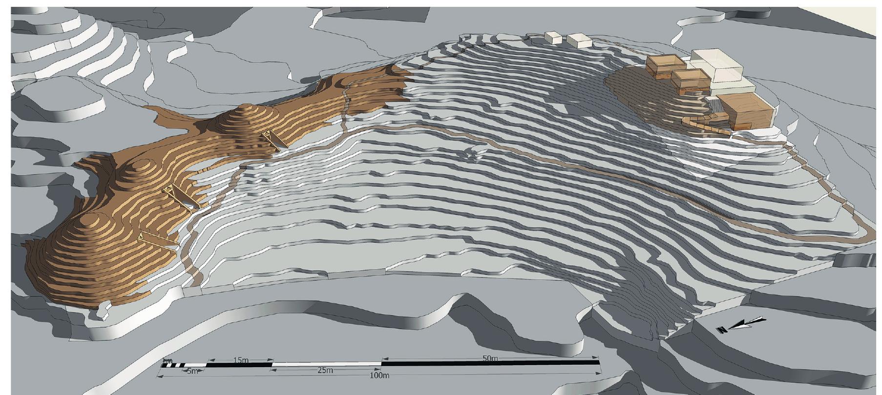 Fig. 19: Reconstruction of the early Mycenaean site of Kakovatos with residential buildings and three monumental tholos tombs (Ch. Diedrich, B. Eder) 