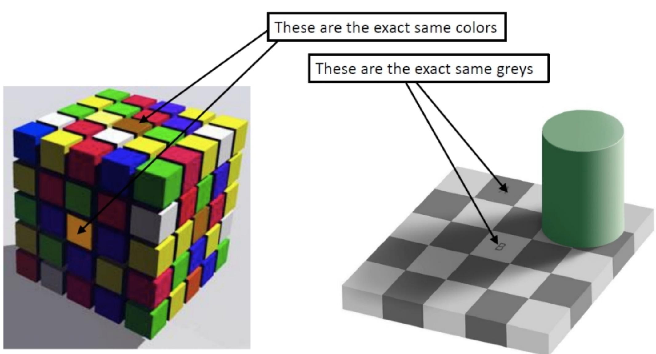 igure 2: Two strong shifts in the perception of colour and brightness. Although the indicated patches are identical, ey are perceived as having quite different colour and brightness. Visit Michael Bach’s website (http://michael- ch.de/ot/) for these and many other examples. 
