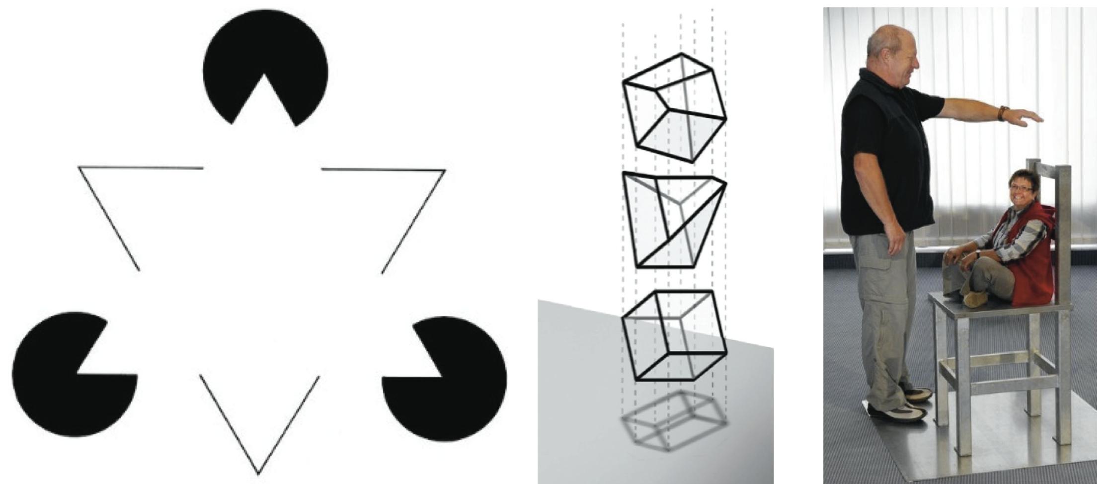 Figure 4: Left: the Kanizsa triangle. Note the illusory brightness increase inside the region of the illusory triangle. Middle: the 2D projection of a cube can in fact originate from a multitude of 3D objects. We regularly interpret it as a cube, however. Right: we see the woman as small, despite our cognitive ability to realize that “this cannot be true”. Our 3D “priors” force us to see her as small (from https://richardwiseman.wordpress.com/2009/09/09/great-table-illusion/). 