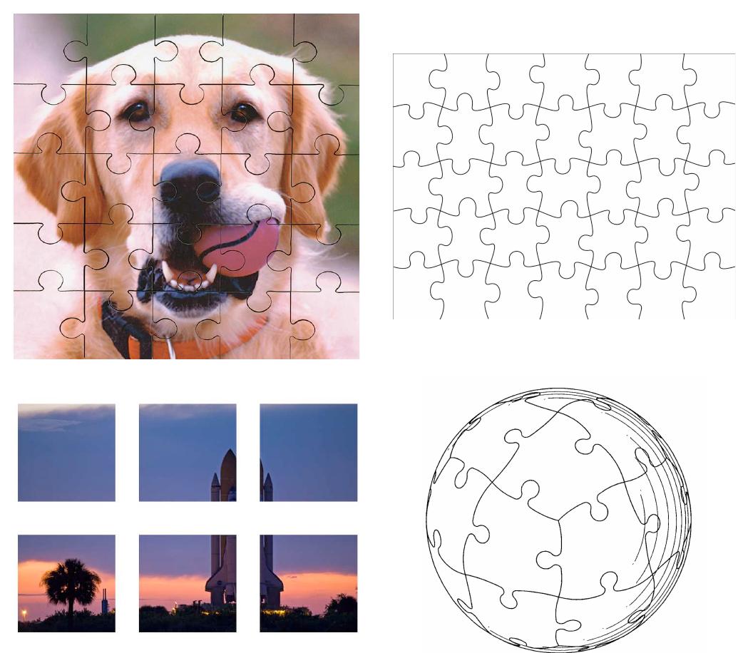 Figure 1.1 — Standard Jigsaw Puzzle (top left corner) Figure 1.2 — Square Jigsaw Puzzle (bottom left corner) Figure 1.3 — Apictorial Canonical Puzzle (top right Corner) Figure 1.4 — Apictorial puzzle (bottom right corner)  There is jigsaw puzzle superset called canonical puzzles, defined by [11]. It includes all puzzles having four edge pieces that can be rotated to four different orientations. The outcome of placing the pieces contiguously constitutes a rectangular grid conforming the resultant picture. The latter definition makes no distinction whether the border is curved or straight. Other approaches were found as well, conforming apictorial puzzles (figure 1.3 and 1.4) [9]. These particular puzzles have no picture or distinguishable chromatic features that could lead to their assembly; therefore their solution relies purely on piece's boundary shape. 