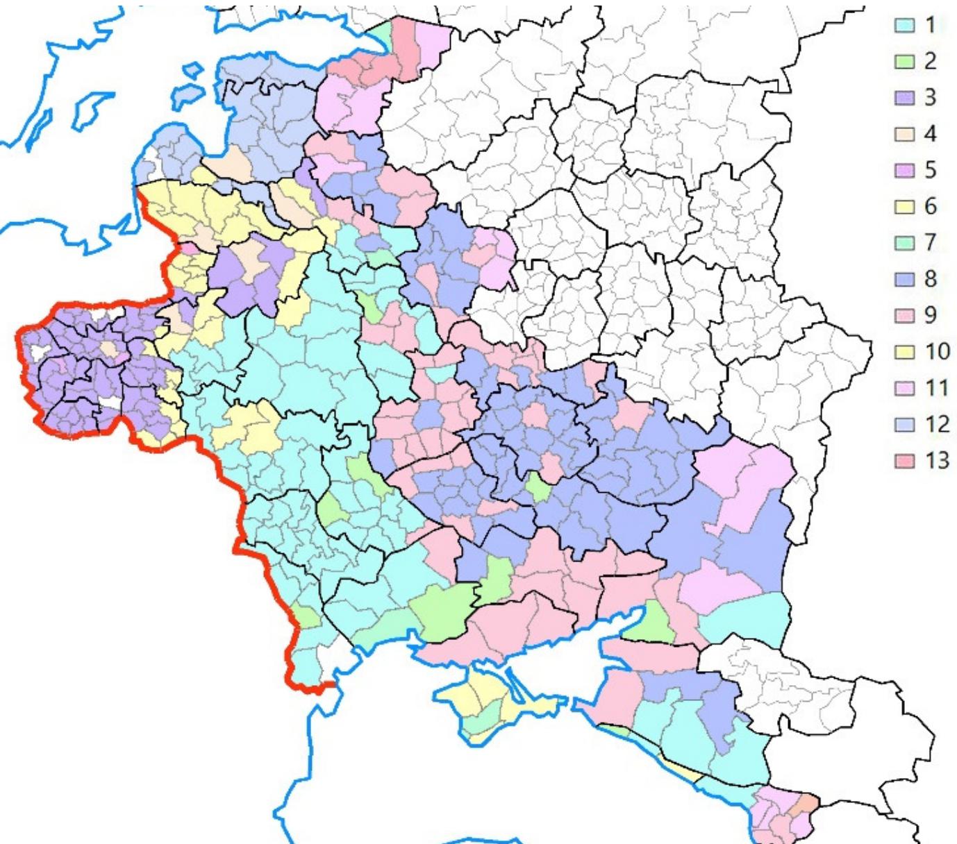 Figure 18. Regions with similar features generated by the cluster analysis  at that time eastern Ukraine was more underdeveloped. This situation only changed later due to the industrial developments of the Soviet era. Furthermore, both zones extended beyond the present-day boundaries of Ukraine to the north, towards present-day Belarus. 