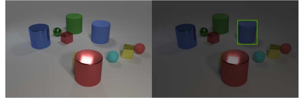 (i) The blue things that are either the fourth one of the thing(s) fron right or the first one of the tiny ball(s) from front  (g) Look at partially visible object(s); The second one of the thing(s, from left that are on the right side of it 