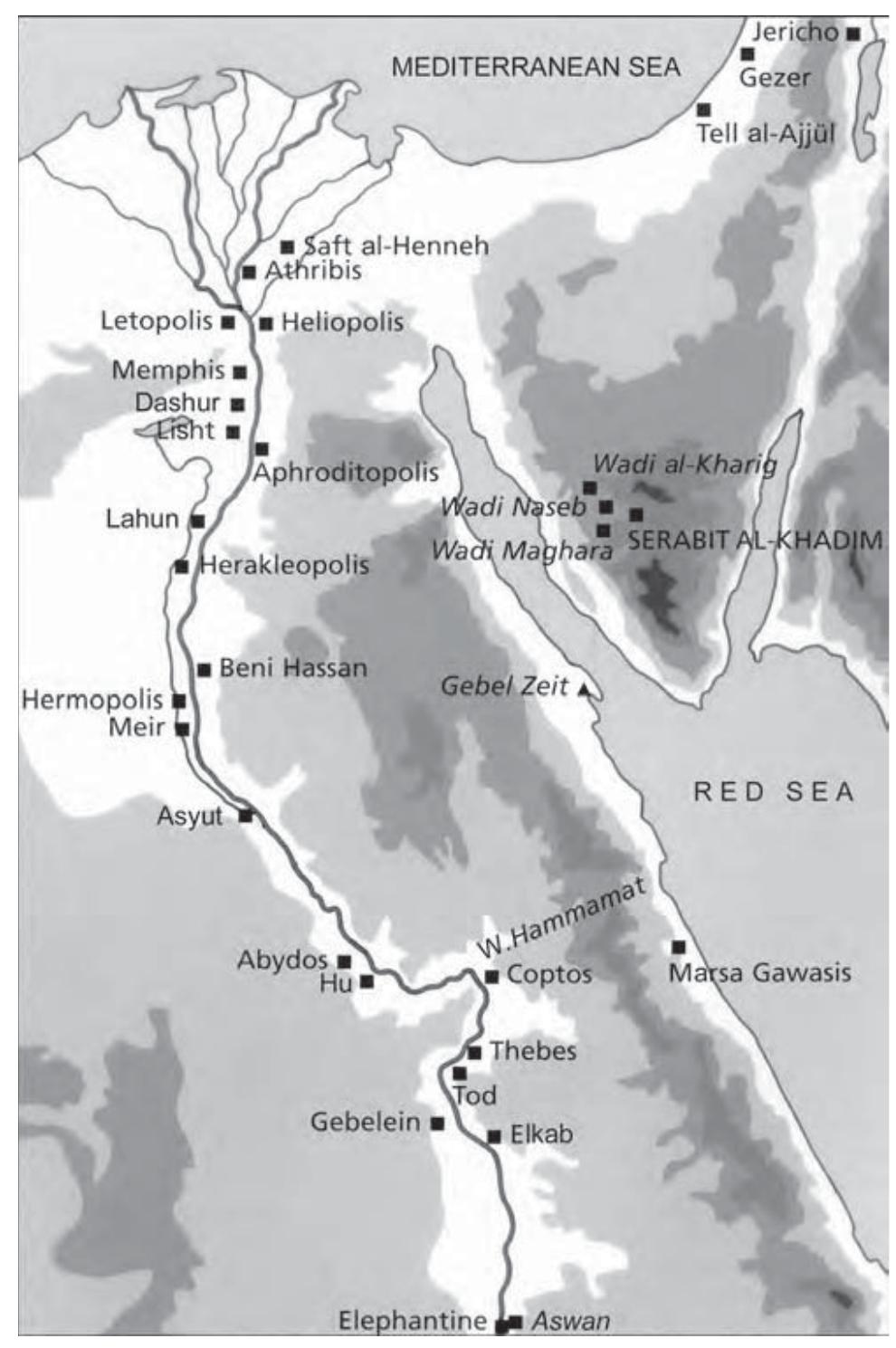 Figure 25.1. Map of the lower Nile Valley and the Sinai Peninsula. Adapted from Valbelle and Bonnet 1996. 
