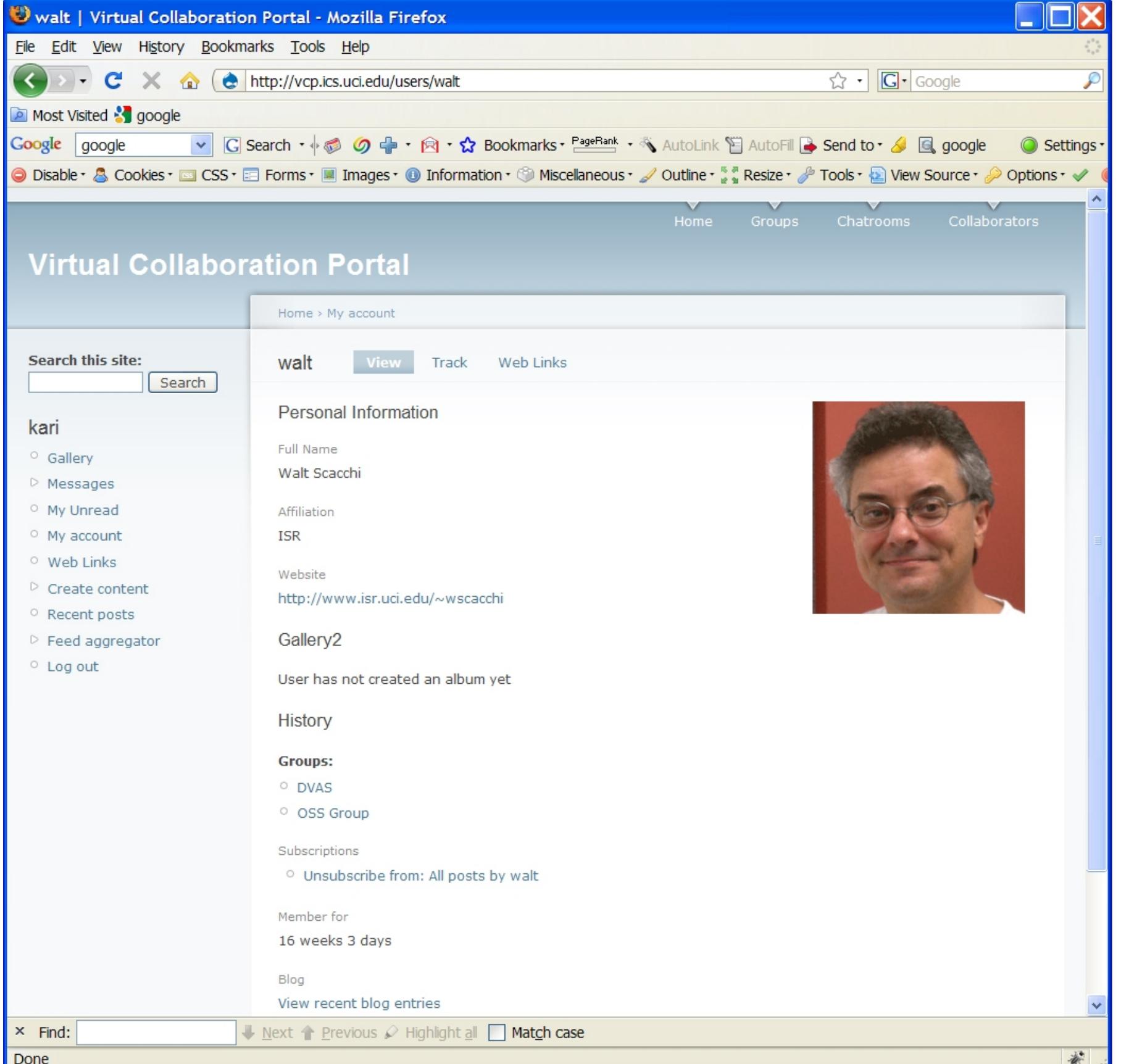 From here a collaborator can also “Track” all content (see Content) belonging to Walt and view any “Web Links” (see ) that he has created.