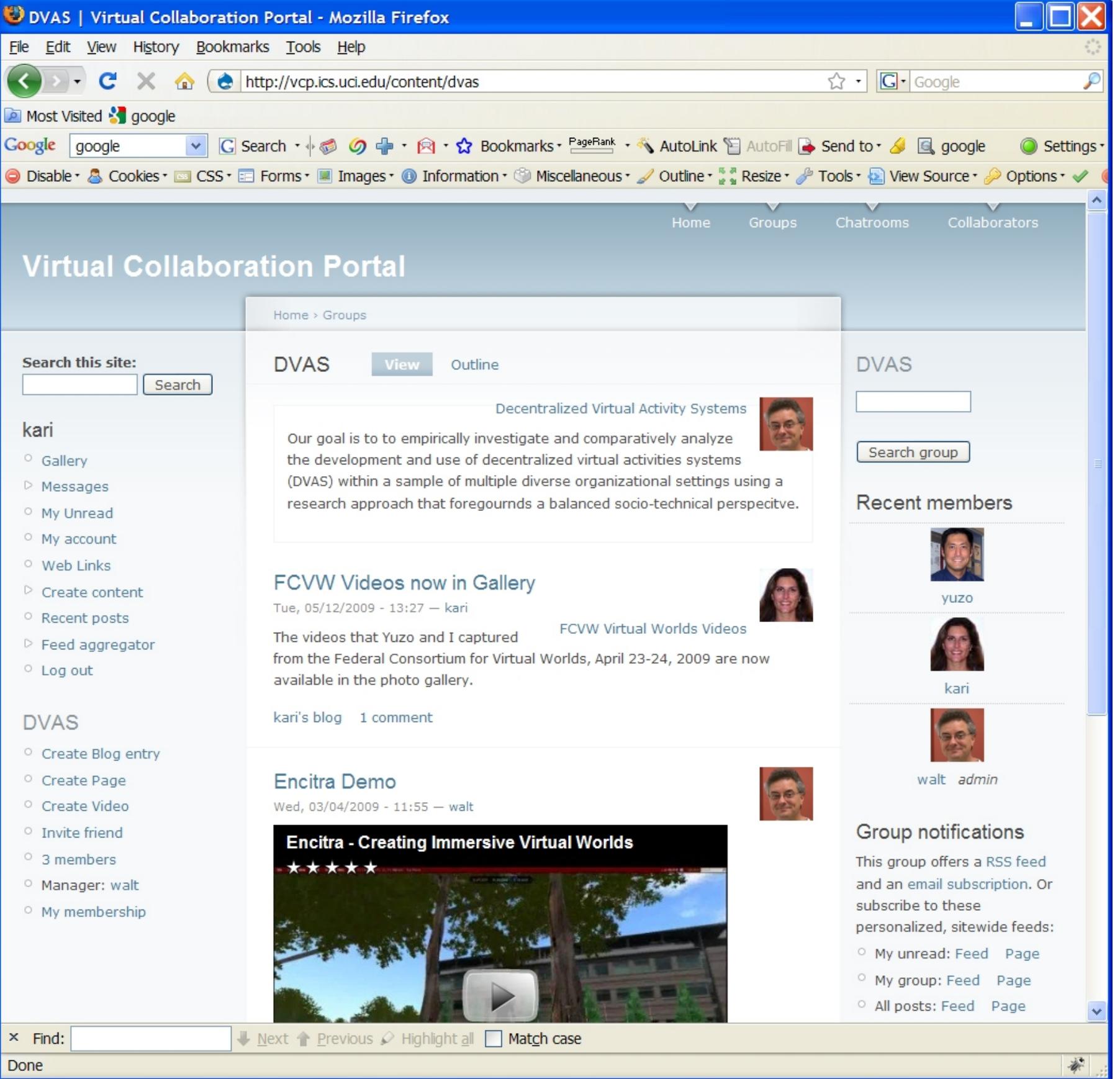 The VCP allows collaborators to create and manage their own ‘groups’ to which other collaborators can subscribe. Each group maintains its own homepage where collaborators can communicate amongst themselves. Figure 11 shows the homepage for the DVAS group. Subscribers can create new content, invite collaborators to join the group, view a full list of members, find the manager, or unsubscribe to the group using the navigation menu in the lower left column. The center screen shows a list of recent postings to this group. In the right column a subscriber can search the content from this group. Some of the most recently added members are displayed below that. RSS feeds and email subscriptions are also available for groups. For non-subscribers, a group homepage has a restricted view as shown in Figure 12.