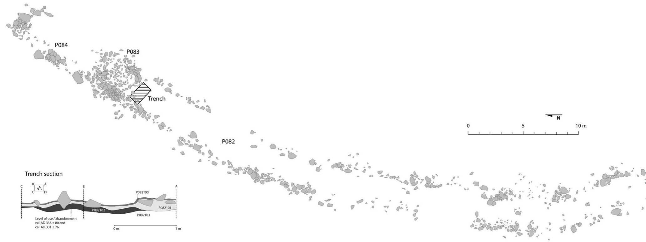 Fig. 3 Plan of the milking corridor P082 at Pleta de Claror I site (Madriu-Perafita Claror valley) (@ Héctor A. Orengo). See Fig. 1 and Table 1 for complementary information  Livestock activities were also attested on the western side of the Cadi range at around 2030 m a.s.l. in El Golerd. At this 