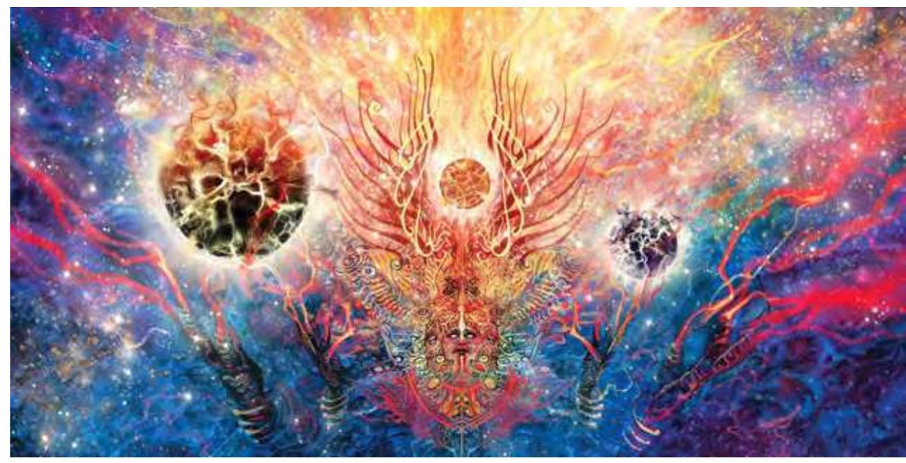 Fig. 3. The creator god Brahma. Grant Morrison’s 18 Days, p. 45-46. Art by Mukesh Singh, 2010  As discussed in the previous section, the Sanskrit Mahabharata is told backward from the end, as different narrators recount the happenings of a War that has already concluded. Meanwhile, Morrison and Singh’s /8 Days keeps a sharper narrative focus on the eponymous 18 days of the Kuruksetra War. Instead of looking back on the War as a foregone conclusion, Morrison’s narrative frame opens two years before those 18 days, with the five heroic Pandava brothers (Vyasa’s grandsons) anticipating the coming war with a sense of pervasive dread. 