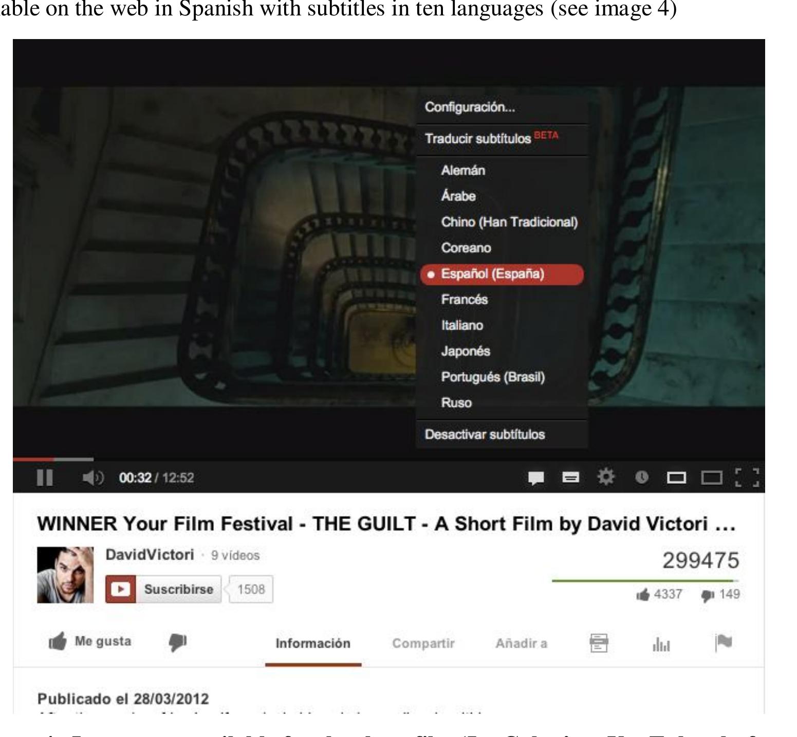 The submission of a short film was subjected to given rules and the process required to upload the short film on the Your Film Festival website, which was using the YouTube platform offering auto-captioning service through Google automatic speech recognition (ASR). In addition, YouTube also offers the possibility to upload the transcript of the film. In this case, speech recognition is used to match the transcript to the video and thus generate a caption file automatically. In both cases, once the captions are created the film owner can download the file in .Srt format and make the corrections. Within this context, attention should be made to the increasing number of tools for subtitling/captioning online audiovisual material on the Internet'’. In terms of subtitling quality, auto- captioning and subtitles translation on YouTube videos, they present accuracy problems both in language and synchronization. One of the main reasons is that accuracy of any transcription provided throughout ASR, is highly dependent on having an acceptable quality of sound. Therefore, to have the sound quality under control is crucial. In this sense, videos containing music or superimposed dialogues present quality problems in the auto-captioning process and thus the derived translations might be further affected. 
