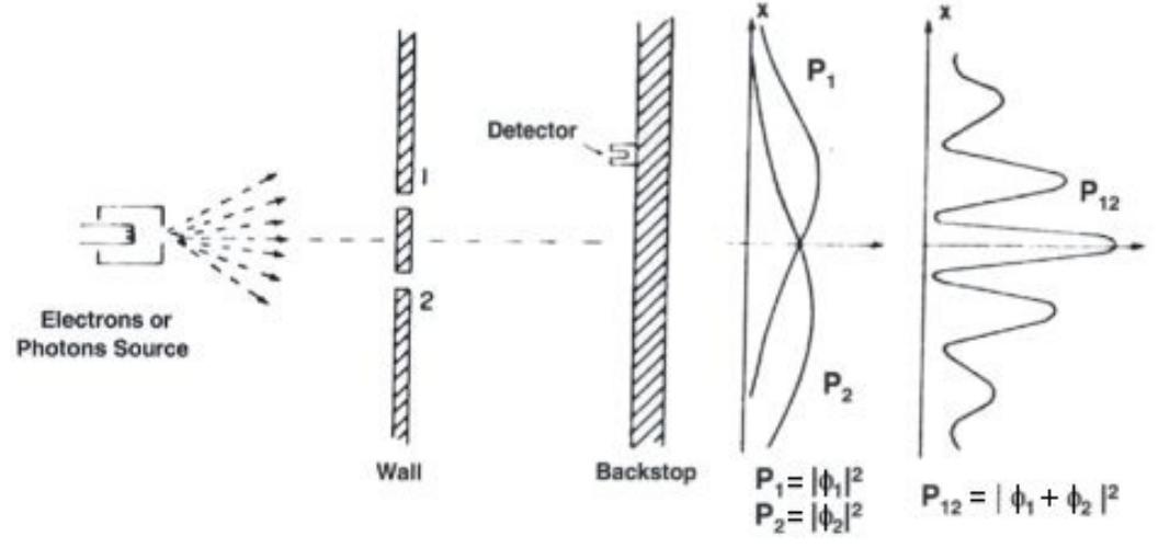 n microworld particles have also wave properties. The famous particle-wave dualism... In any case, if we do n  nisuse our curiosity about which s  ot each particle flies through, our particles will behave like waves: on th  yackstop screen will clearly develop density fringes (right graph) - the traditional interference pattern (IP). Hel  he mystery arise. When we deal wit  h waves on water surface, it is quite natural to observe IP between two wa\  sources. Would be our two slots subjected, say, to light ray - we could consider them as two secondary source  of light giving IP on the screen. Bu  we manipulate with solitary particles. With what they interfere during the  light to the screen? The second enigma is: electrons (or photons) are emitted from the source as particles. Ar hey hit the screen as particles - leaving the corresponding trace. Where from comes its wave-like behavior? Q  las its answer: movement of particles is done in accordance with wave function... which collapses to the specif  article when hitting the screen... So simultaneously.  , the particle during its flight is sort of wave... which comes through both slo 