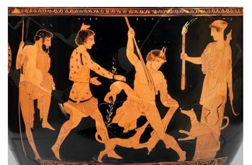 Fig-12: Death of Actaeon, Attic red-figure bell-krater, ca. 440 BCE, Museum of Fine Arts, Boston.  ee fF one h a ee | ee | ee | Tye Ff . ae ee een  that comprised the army, thus enacting the two aspects of their patron, the wolf-god. (Fig-12)  SexuS Journal www.sexusjournal.com | Winter-2019 | Volume: 04 | Issue: 11 | Pages:991-1034 coo Ruck C, Haoma-Greek Mysteries °°° ISSN 2536-5185 (v  