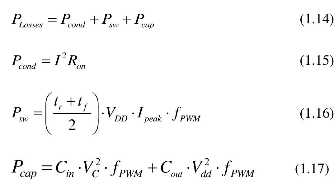 parasitic load capacitances. The total power loss can be represented as  where / is equal to the output current, R,,, is the on-resistance of the switching transistors.  signal as shown in Figure 1-7. Capacitive losses are a result of charging and discharging  JSpwam is the switching frequency, V. is the voltage to which parasitic capacitances are 