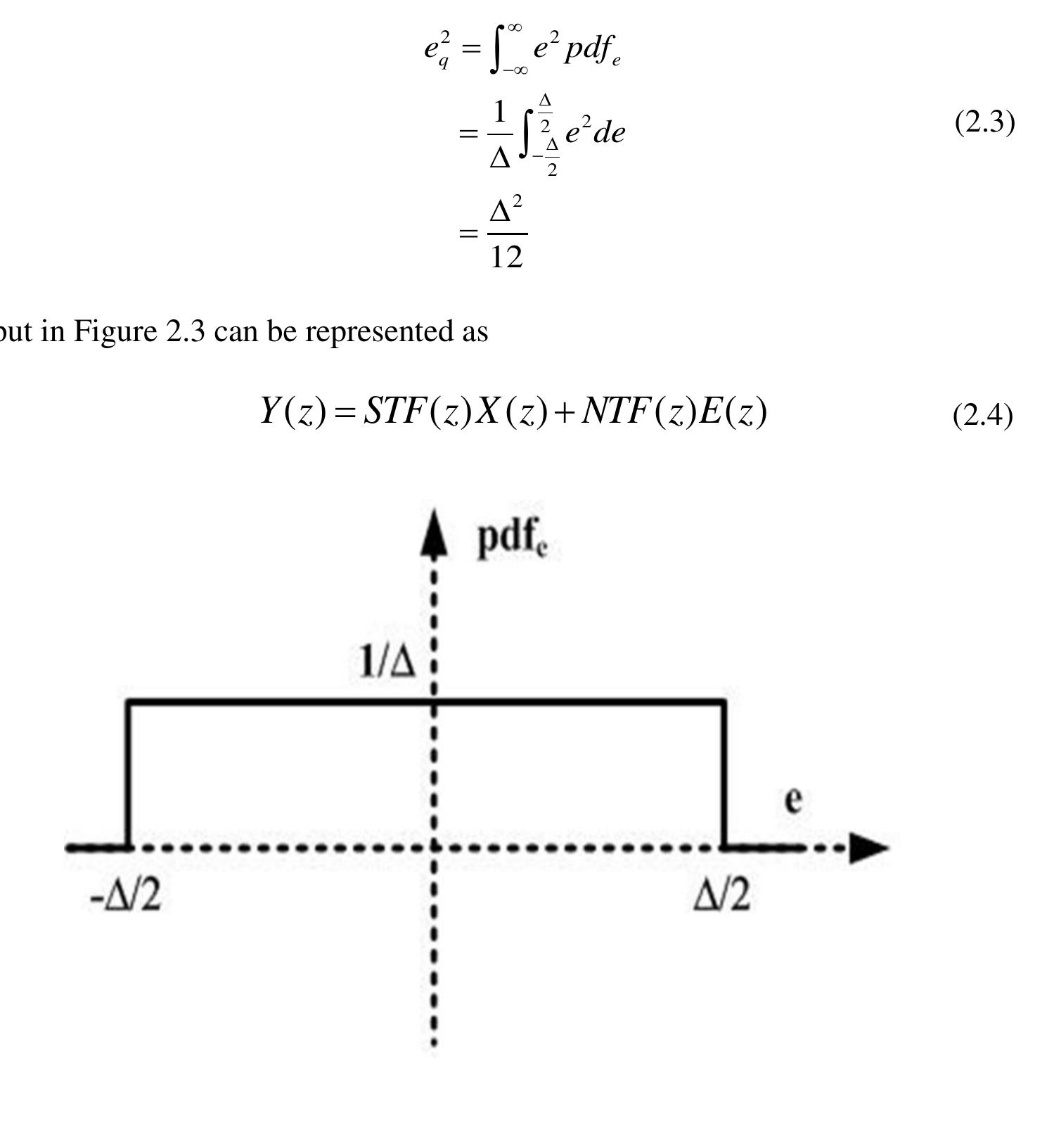 Figure 2-4: Probability density function (pdf) of the quantization error.  which is independent of the sampling frequency f,, can be calculated as  probability density function of the quantization error. The total quantization noise power,  the input signal. A is the step size of the output waveform. Figure 2-4 shows ths 