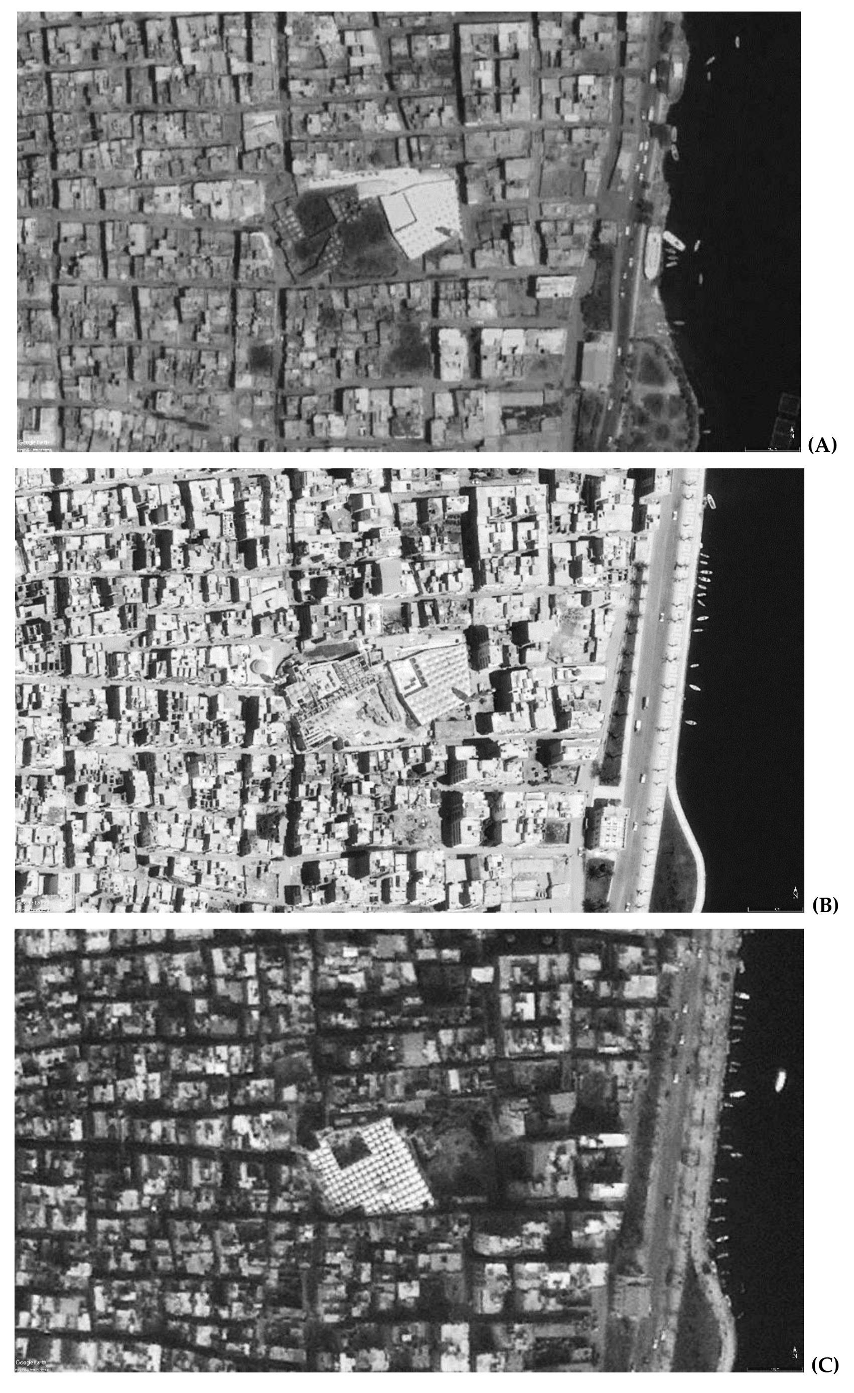 [FIGURE 9]: (A) The Zaghlal mosque in 2003. (B) 2009 & (C) 2012. (OGoogle Earth 2020) 