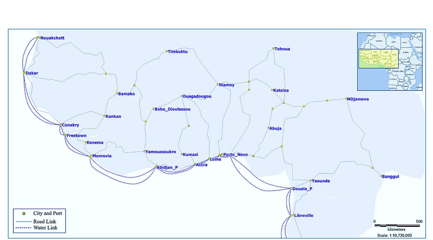 Figure 4. Cities, ports and transport network considered in the experiment.