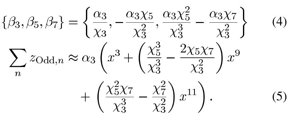 Since |x5| and |y7| were small and less than |3| to begin with, their successive products will be much less than |y3]. Hence, the remaining ninth-order intermodulation (IM9) and eleventh-order intermoduation (IM11) terms from the opera- tion described above will be much smaller in magnitude than the original IMS and seventh-order intermodulation (IM7) products. This procedure may be continued until the remaining terms are below the noise floor or below the error floor required by the receiver. 