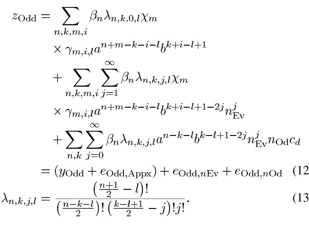 Assuming that in hardware the composite LMS adaptive equalizer adjusts the values (@,, so as to minimize the mean squared error, the final LMS tap weight vector Bot is provided in this idealized analysis by the solution of the minimum mean squared error (MMSE) matrix equation (14). In (14), both Bot and # are indexed by the variable n. Each nth element of @ is given by the nth summand of (12)  Expanding rpyen using the trinomial theorem and absorbing Kr and Ko into the coefficients @,, yields (12) and (13). This quantity can be further decomposed into three terms representing the nominally linear path IMD plus approximation error (€Odd, Appx), error due to even path noise (€oddnEv), and odd path noise (€9aa.n0a)s respectively, 